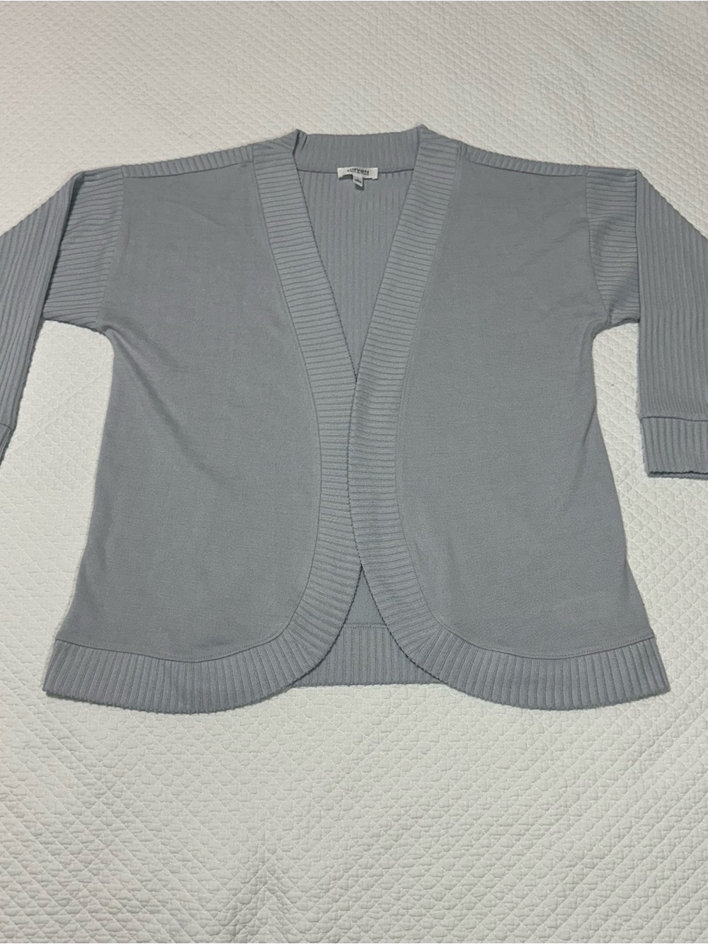 Open-Front Light Gray Ribbed-Trim Cardigan